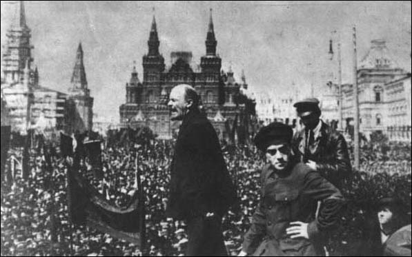 V.I. Lenin speaks to a crowd